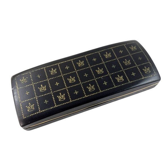 Vintage Sheild Jewelry Box Black Gold Crown Design Red Velvet Interior - Picture 1 of 8